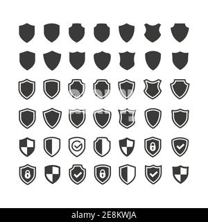 Shield black vector icon set. Shields with checkmark or tick symbol and padlock glyph icons. Stock Vector