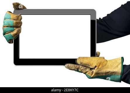 Two hands with work dirty gloves showing an empty digital tablet, isolated on white background with copy space. Stock Photo