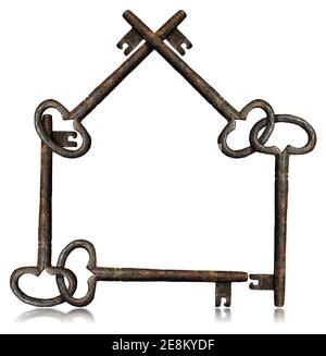 Five Old Keys Forming a House. Isolated on white background with reflections. Stock Photo