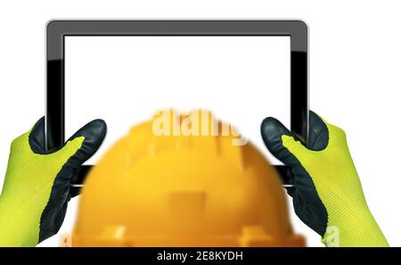 Construction worker with yellow hard hat and hands with protective gloves, holding an empty digital tablet, isolated on white background with copy spa Stock Photo