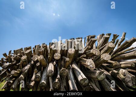 Closeup of firewood on clear blue sky with copy space, photography, full frame. Stock Photo