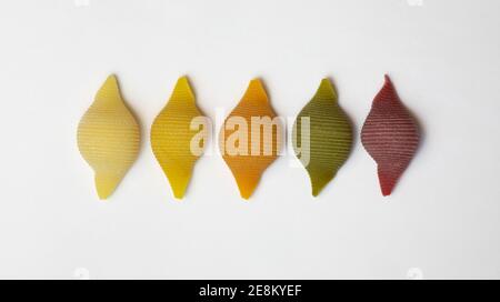 Shell noodles in 5 colors and flavors. Raw whole grain pasta on a white background, made with durum flour Stock Photo