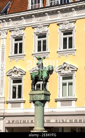 Postman Michel Fountain (Postmichelbrunnen) on street Innere Brucke in Esslingen am Neckar, near Stuttgart, Germany Stock Photo