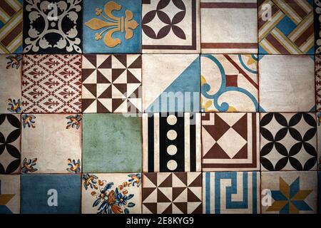 Closeup of a background with colorful ceramic tiles, Mediterranean region, Barcelona, Spain, Europe. Stock Photo