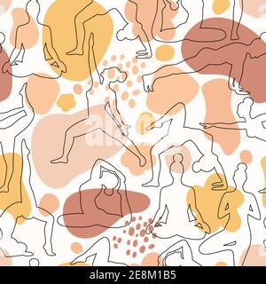 Yoga seamless pattern. Healthy lifestyle. World Health Day. Surface design with yoga class with line girls doing exercise. Stock Vector