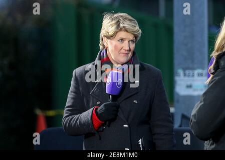 Liverpool, UK. 31st Jan, 2021. Clare Balding, the television presenter, pictured working for BT Sport at the end of the game. Barclays Women's super league match, Everton Women v Manchester Utd Women at Walton Hall Park in Liverpool on Sunday 31st January 2021. this image may only be used for Editorial purposes. Editorial use only, license required for commercial use. No use in betting, games or a single club/league/player publications.pic by Chris Stading/Andrew Orchard sports photography/Alamy Live News Credit: Andrew Orchard sports photography/Alamy Live News Stock Photo