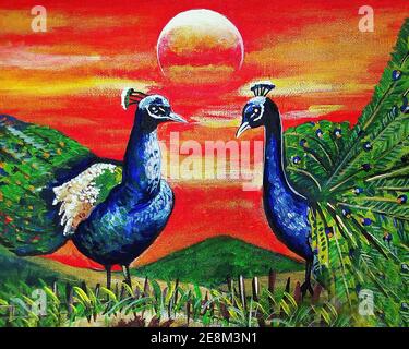 Original oil painting cute peacock bird and peafowl Stock Photo