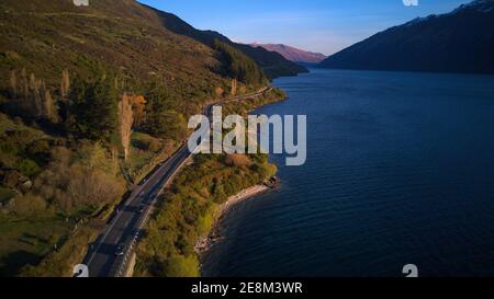 Aerial photo of lake side road in southern New Zealand Stock Photo