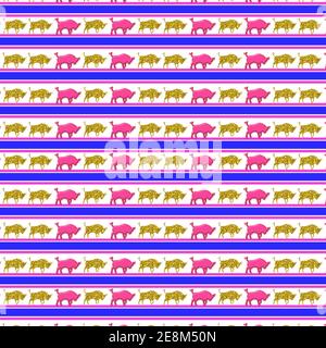 An illustration of bulls out of pink color and yellow glitter on white background with blue stripes Stock Photo