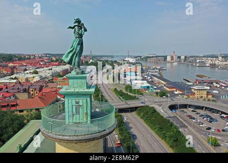 GÖTEBORG, SWEDEN- 26 JUNE 2019: Drone picture of Gothenburg harbor and 'Woman by the sea', also called Seamen's wife Stock Photo