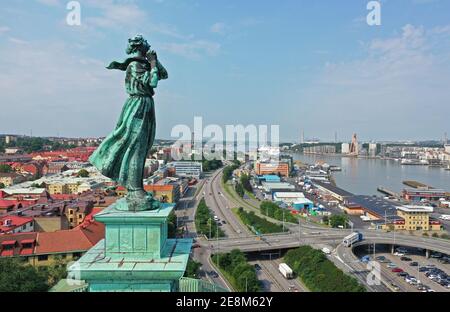 GÖTEBORG, SWEDEN- 26 JUNE 2019: Drone picture of Gothenburg harbor and 'Woman by the sea', also called Seamen's wife Stock Photo