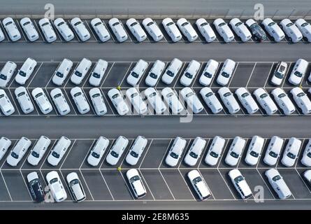 GÖTEBORG 20190626Drone image of new cars ready for delivery at the car factory Volvo cars, Torslanda, Gothenburg, Sweden. Stock Photo