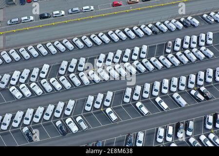 GÖTEBORG 20190626Drone image of new cars ready for delivery at the car factory Volvo cars, Torslanda, Gothenburg, Sweden. Stock Photo