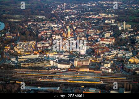 Aerial view, twilight view of Hamm, Hamm main station, Paulus church, city centre, Alleecenter Hamm shopping centre, ECE, Mitte, Hamm, Ruhr area, Nort Stock Photo