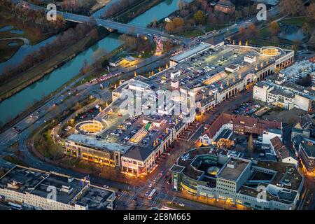Aerial view, twilight view of Hamm, Alleecenter Hamm shopping centre, ECE, Mitte, Hamm, Ruhr area, North Rhine-Westphalia, Germany, DE, Europe, birds- Stock Photo