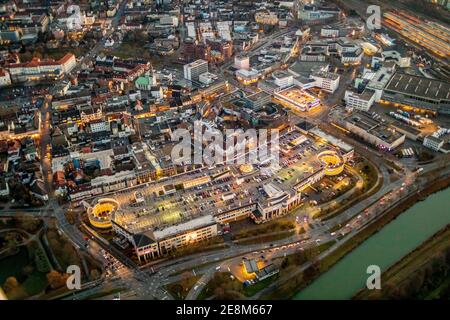 Aerial view, twilight view of Hamm, Alleecenter Hamm shopping centre, ECE, Mitte, Hamm, Ruhr area, North Rhine-Westphalia, Germany, DE, Europe, birds- Stock Photo