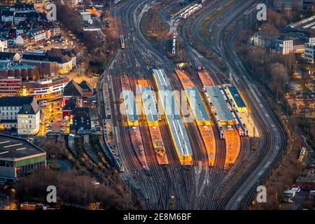 Aerial view, platforms Hamm main station, twilight view, night view, , station forecourt, ICE line, Bockum-Hövel, Hamm, Ruhr area, North Rhine-Westpha Stock Photo
