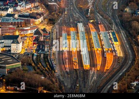 Aerial view, platforms Hamm main station, twilight view, night view, , station forecourt, ICE line, Bockum-Hövel, Hamm, Ruhr area, North Rhine-Westpha Stock Photo