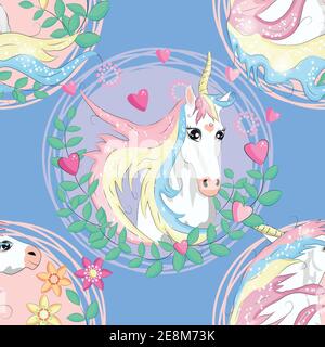Doodle unicorn pattern for textile design. Animal cartoon. Ditsy print. Trendy seamless pattern. Fabric pattern. Stock Vector