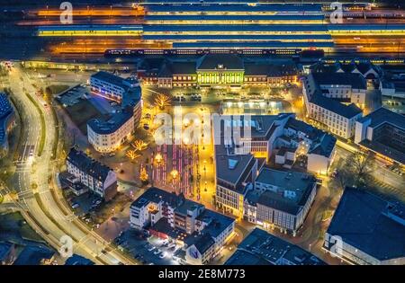 , Aerial view, night view of Hamm central station, station forecourt, Hamm library, Platz der Deutschen Einheit, Bahnhofstraße, Neue Bahnhofstraße,Her Stock Photo