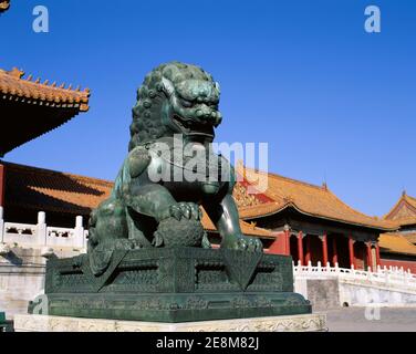China, Beijing, Palace Museum, Forbidden City, Bronze Lion Statue Stock Photo