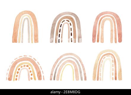 Set of simple modern rainbows in pastel colors. Cute watercolor hand-drawn illustration. Perfect for cards, invitations, prints, decor. Stock Photo