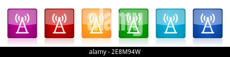 Antenna, signal icon set, square glossy vector buttons in 6 colors options for webdesign and mobile applications Stock Vector