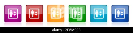Elevator, lift icon set, square glossy vector buttons in 6 colors options for webdesign and mobile applications Stock Vector