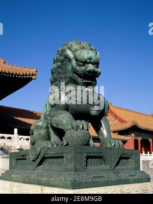 China, Beijing, Palace Museum, Forbidden City, Bronze Lion Statue Stock Photo