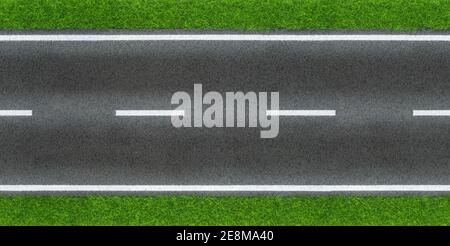 seamless infinity real street road sphalt grey black tar surface texture with green grass and white lane line boder. Traffic transportation design pat Stock Photo
