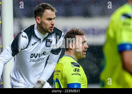 BRUSSELS, BELGIUM - JANUARY 31: Timon Wellenreuther of RSC Anderlecht, Laurent Depoitre of KAA Gent during the Pro League match between RSC Anderlecht Stock Photo