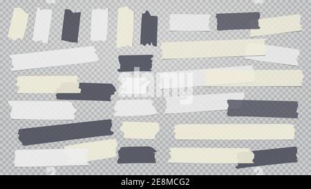 White, black, yellow different size adhesive, sticky, masking, duct tape, paper pieces are on grey transparent, squared background Stock Vector