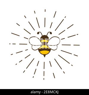 Lovely cute bee with sunburst. Cartoon bee inside rays isolated on a white background. Vector illustration. Stock Vector