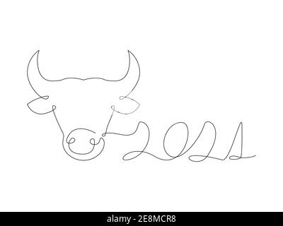 Bull head continuous one line icon. Domestic animal linear silhouette isolated on the white background. Zodiac Chinese vector Stock Vector