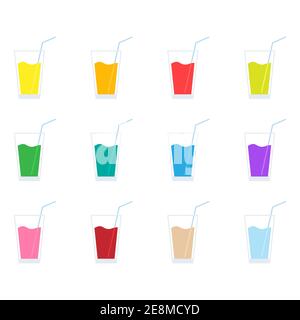 Cocktails collection colored icon. Juice glass set. Different alcoholic drinks group. Party beach holiday concept. Vector illustration isolated Stock Vector