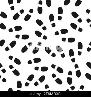 Black footprints seamless pattern white background. Footsteps silhouette isolated. Stock Vector