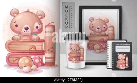 Teddy bear read book poster and merchandising. Stock Vector