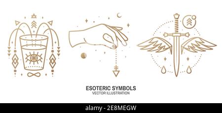 Esoteric symbols. Vector. Thin line geometric badge. Outline icon for alchemy or sacred geometry. Mystic and magic design with dagger, wings,all-seeing eye, glass, hand, stars, planets and moon Stock Vector