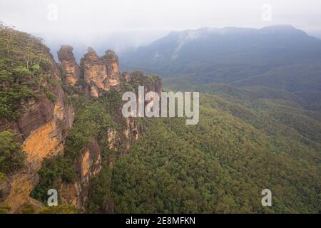 Classic landscape view of the Three Sisters rock formation near Katoomba above the Jamison Valley in the Blue Mountains National Park in NSW, Australi Stock Photo