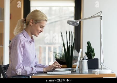 Happy businesswoman working at computer in office Stock Photo