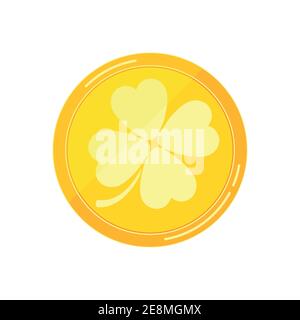 Golden coin with four leaves clover vector flat icon isolated on white background. Stock Vector