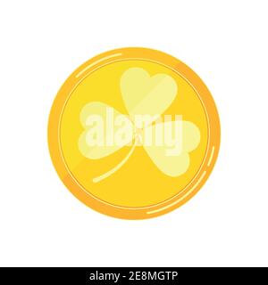 Golden coin with clover shamrock vector flat icon isolated on white background. Gold money with tree leaves clover - element for Saint Patrick day Stock Vector