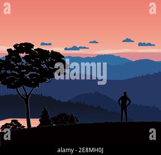 Mountains Valley Red Sky Sunrise vector Landscape Stock Vector
