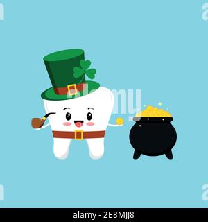 St Patrick day tooth in leprechaun costume with pot of gold. Stock Vector