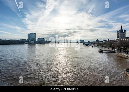 cologne, NRW, Germany, 01 31 2021, panorama of rhine river and shore of old town Stock Photo