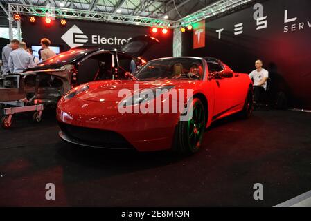 KYIV - MAY 26: The Tesla Roadster electric car is on Plug-in Ukraine 2019 - Electric Vehicles Trade Show, on May 26, 2019 in Kyiv, Ukraine. Stock Photo