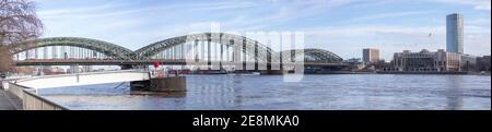 cologne, NRW, Germany, 01 31 2021, panorama of Hohenzollernbridge over Rhine river and Hyatt Hotel Stock Photo