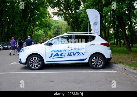KYIV - MAY 26: The JAC IEV7S electric car from China is on Plug-in Ukraine 2019 - Electric Vehicles Trade Show, on May 26, 2019 in Kyiv, Ukraine. Stock Photo