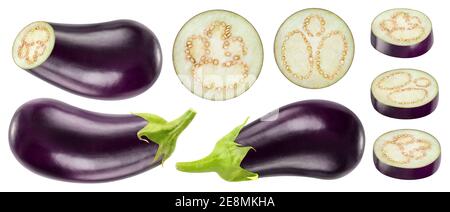 Collection of whole and cut eggplants isolated on white background Stock Photo