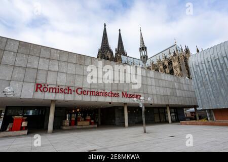Cologne, NRW, Germany, 01 31 2021, roman germanic museum, peaks of Cologne Cathedral in the background Stock Photo